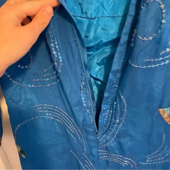 Vintage Handmade Blue Embellished Long Sleeve Mermaid Maxi Gown Small - Picture 10 of 15